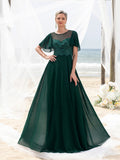 Womens' Elegant Lace Floor-Length Evening Gown for Mother of the Bride – Flared Short Sleeves, Chest-to-Waist Lace Motifs, Voluminous Flowing Skirt for Beach Coastal Weddings & Family Gatherings