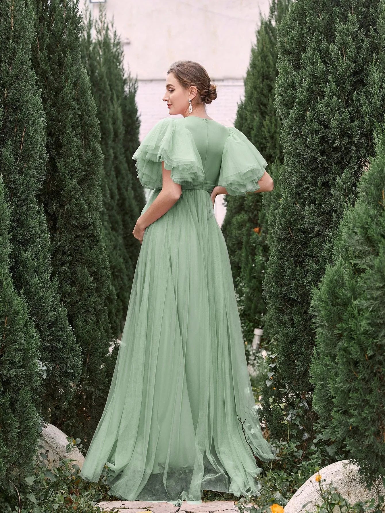 Maternity V Neck Layered Ruffle Sleeves Split Prom Dress - Elonnashop