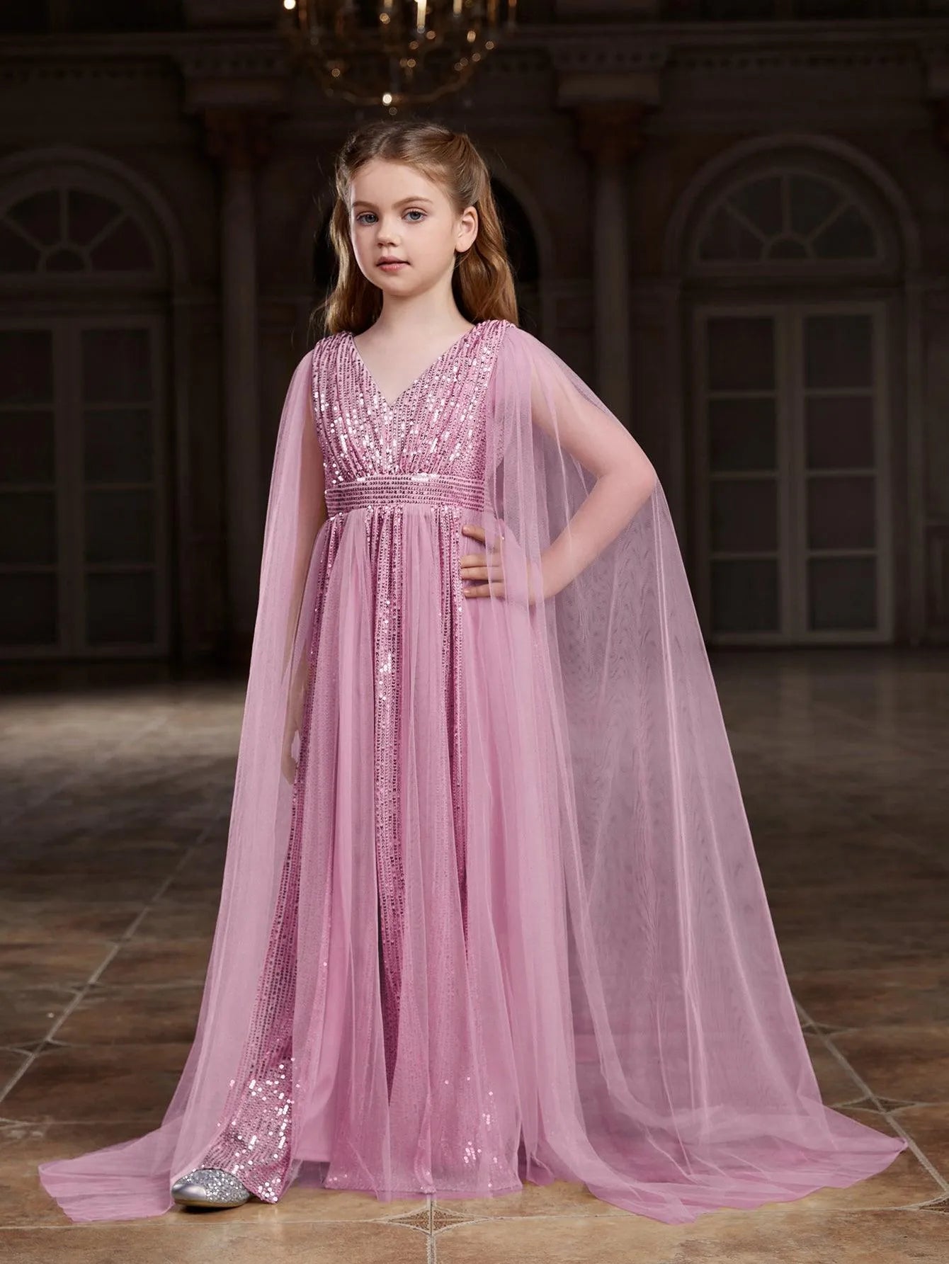 Tween Girls' Contrast Mesh Cape Sleeves Sequin Party Dress Elonnashop Tween Girls' Contrast Mesh Cape Sleeves Sequin Party Dress Elonnashop