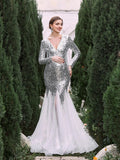 Maternity V Neck Long Sleeves Sequin Mermaid Dress - Elonnashop