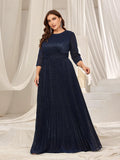 Plus Glitter 3/4 Sleeves Pleated A Line Evening Dress - Elonnashop