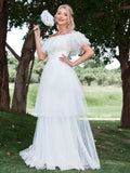 Ruffle Trim Off Shoulder Layered Mesh Wedding Dress - Elonnashop