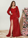 Plus Sweetheart Neck Long Sleeve Sequin Slit Dress - Elonnashop