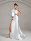 Bow Decor Slit Mermaid Hem Satin Tube Wedding Dress - Elonnashop