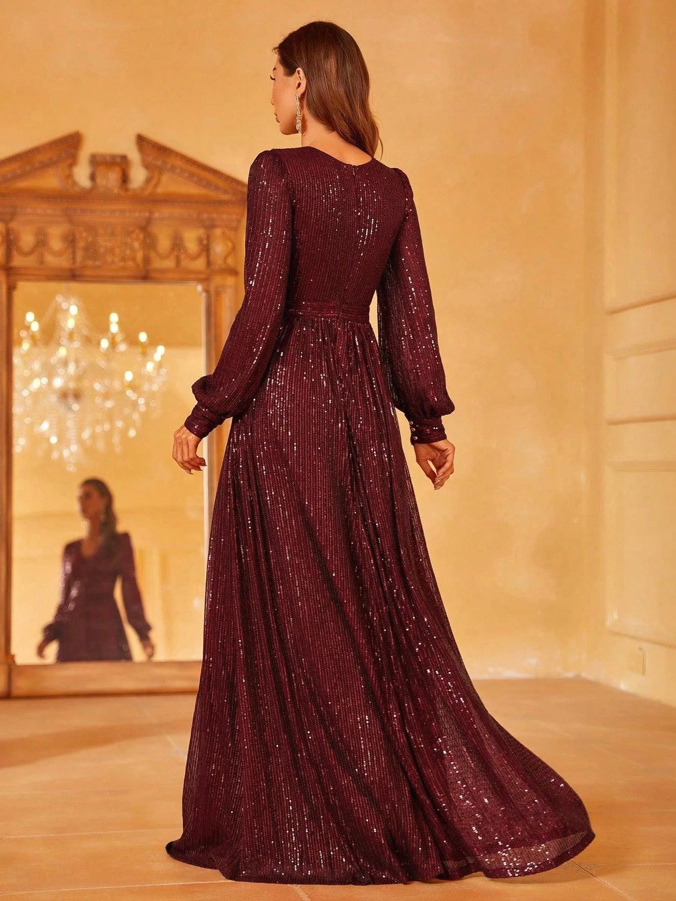 Elegant V Neck Long Sleeves Sequin A Line Dresses - Elonnashop