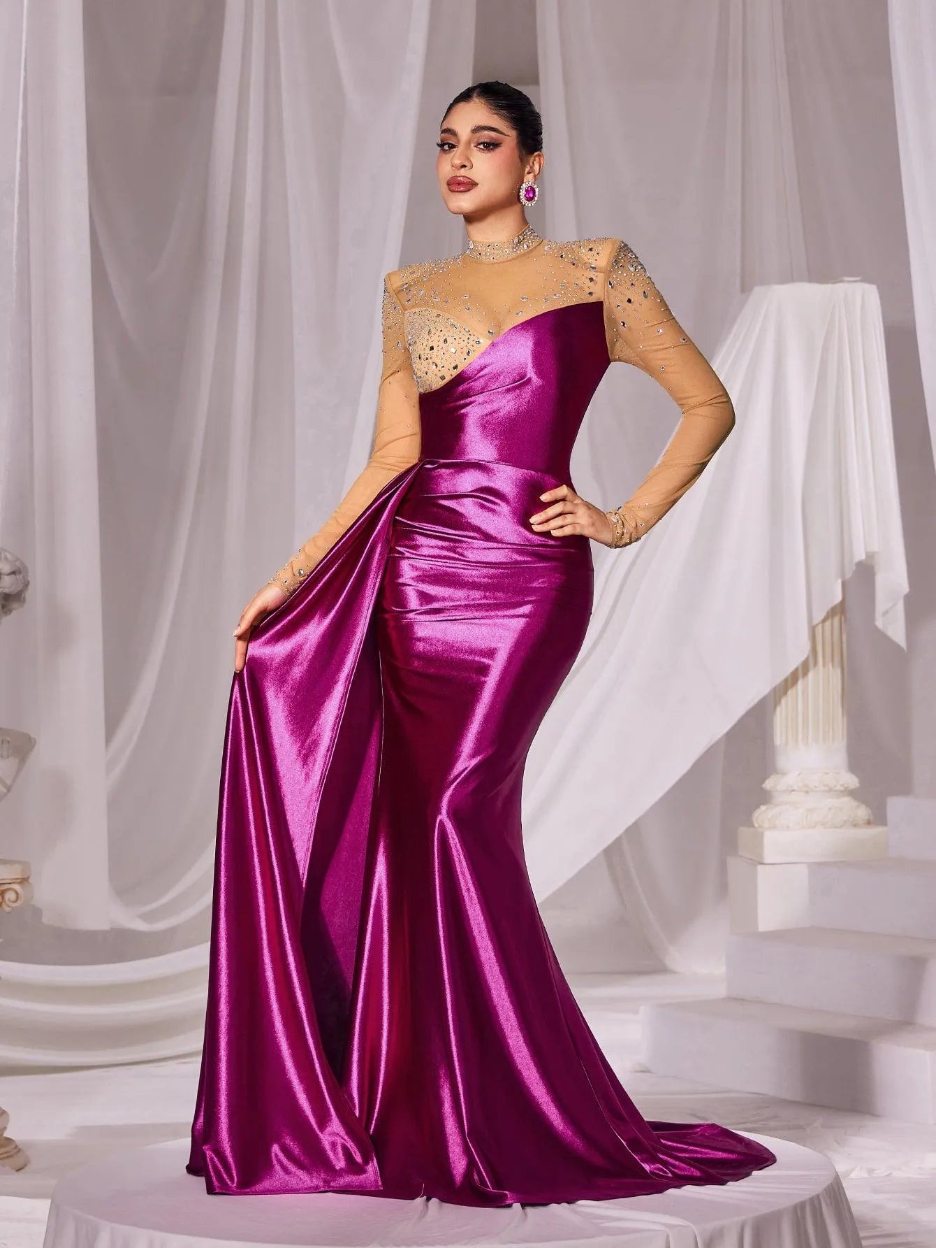 Rhinestone Detail Mock Neck Satin Mermaid Prom Dress - Elonnashop