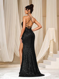 Elegant Backless Split Thigh Sequin Party Dress - Elonnashop