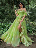 Elegant Ruffle Trim Puff Sleeves Split Ombre Organza Prom Dress