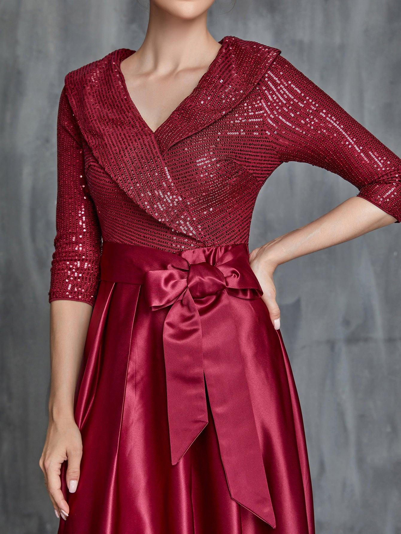 Womens' Shawl Collar Sequin Contrast Satin Formal Dress - Elonnashop
