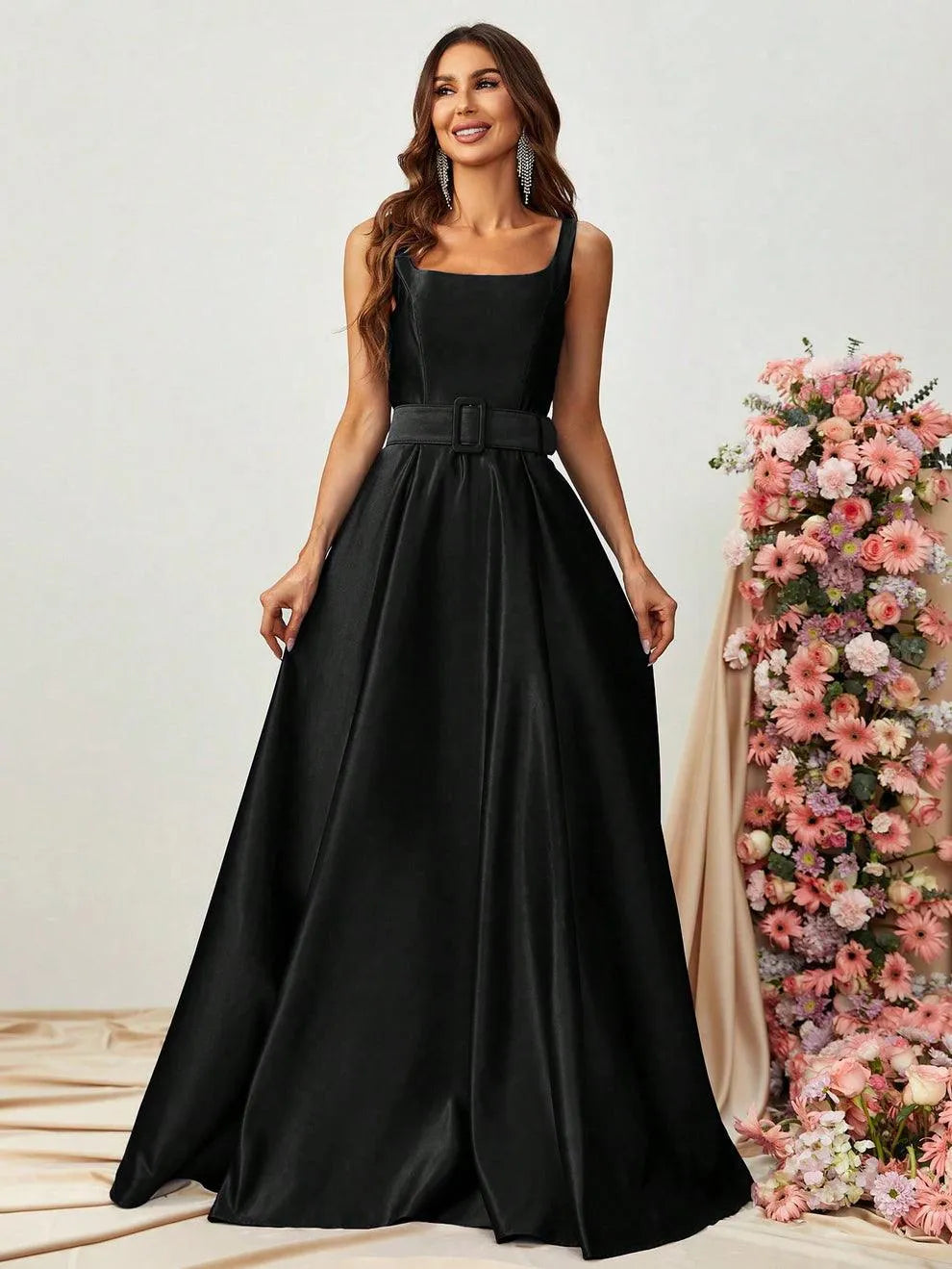 Square Collar Sleeveless Belt Satin Prom Dress - Elonnashop