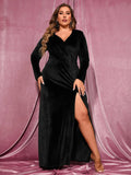 Plus Elegant V Neck Long Sleeve Velvet Slit Dress - Elonnashop