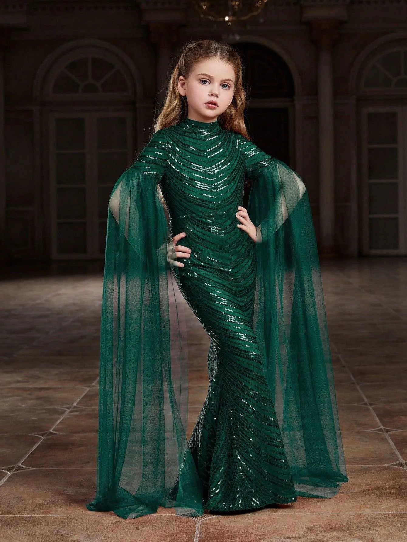 Tween Girls' Cloak Sleeves Sequin Mermaid Dress - Elonnashop