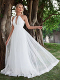 Halter Neck Cut Out Front Mesh Wedding Dress - Elonnashop