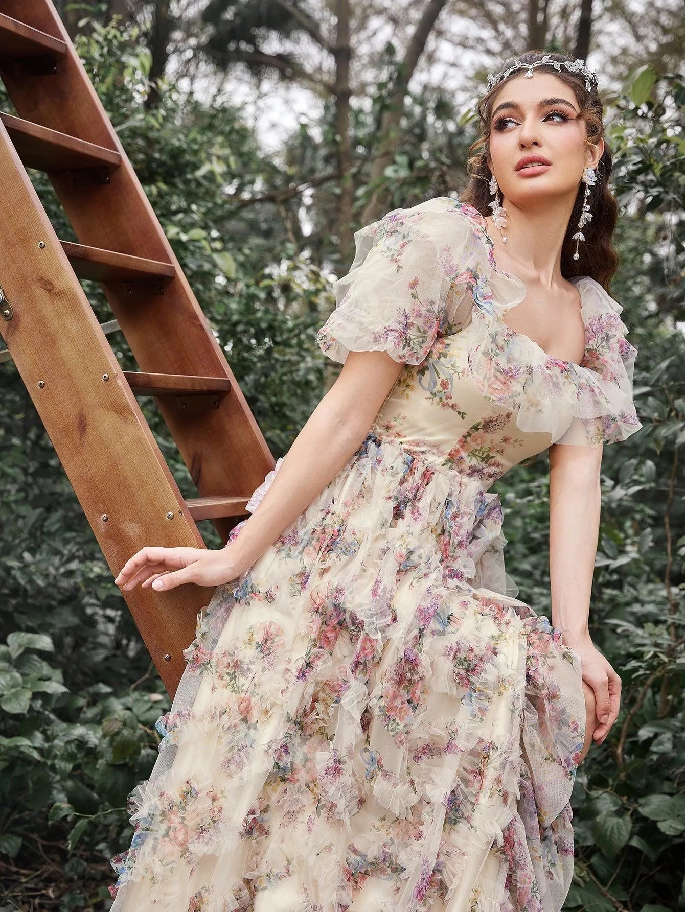 Elegant Ruffle Trim Puff Sleeves Floral Organza Prom Dress - Elonnashop