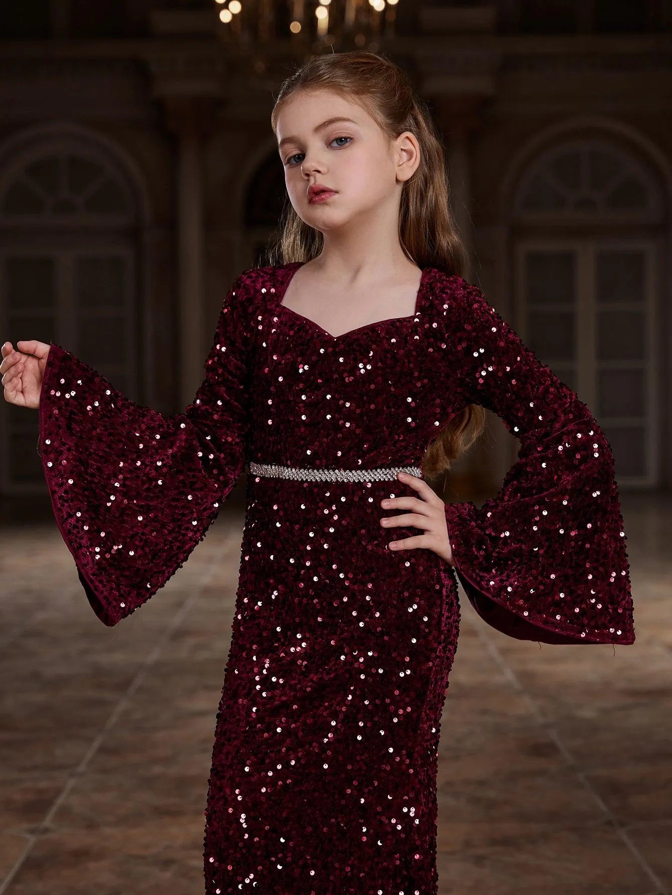 Tween Girls' Sweetheart Collar Bell Sleeves Sequin Mermaid Dress - Elonnashop