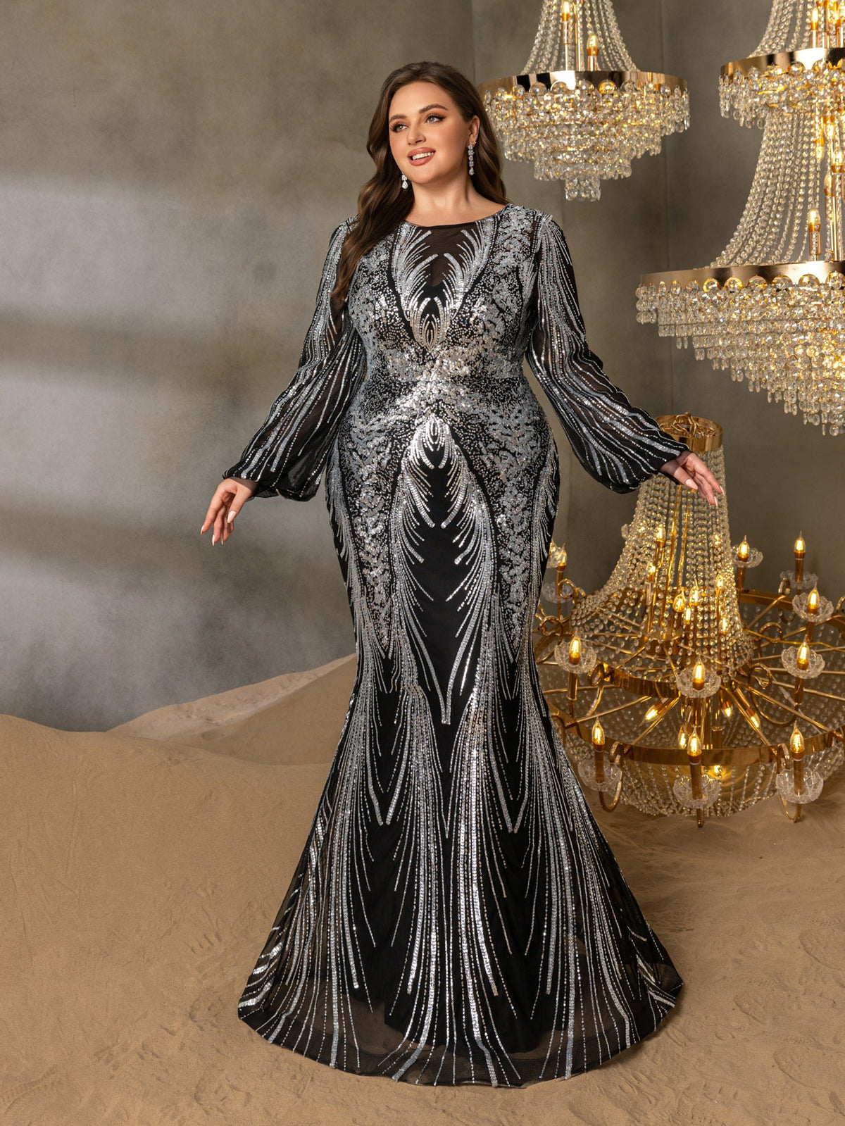 Plus Gorgeous Lantern Sleeves Mermaid Hem Graphic Sequin Evening Dress