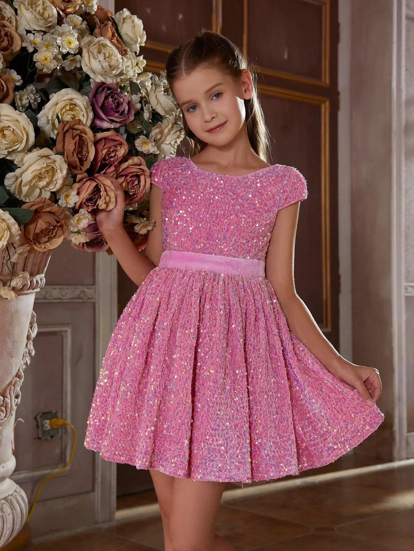 Tween Girls' Bow Back Sequin A Line Dress - Elonnashop