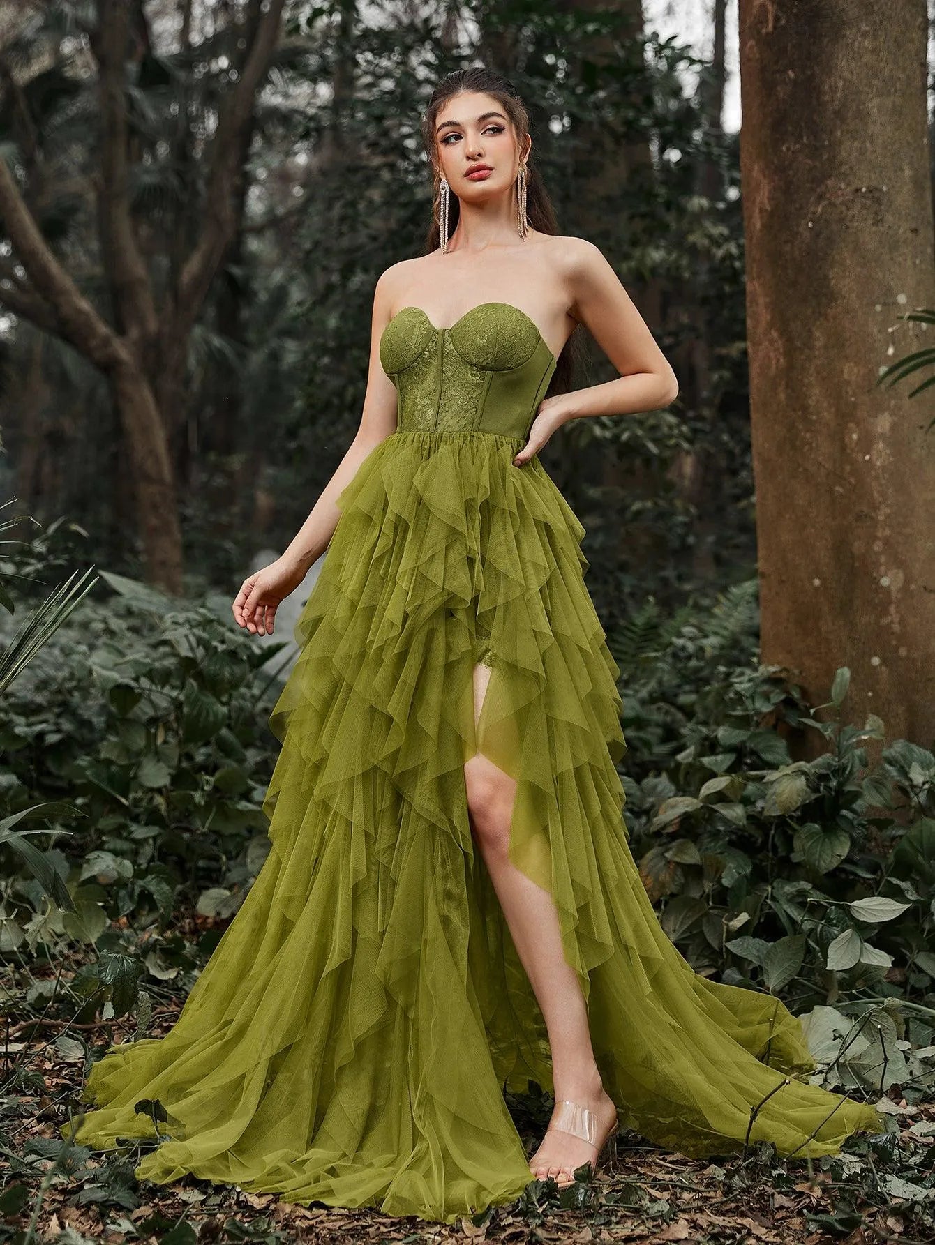 Elegant Lace Bodice Contrast Split Ruffle Layered Hem Prom Tube Dress – Elonnashop Elegant Lace Bodice Contrast Split Ruffle Layered Hem Prom Tube Dress – Elonnashop