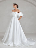 Puff Sleeve Rhinestone Waistband Satin Tube Wedding Dress - Elonnashop