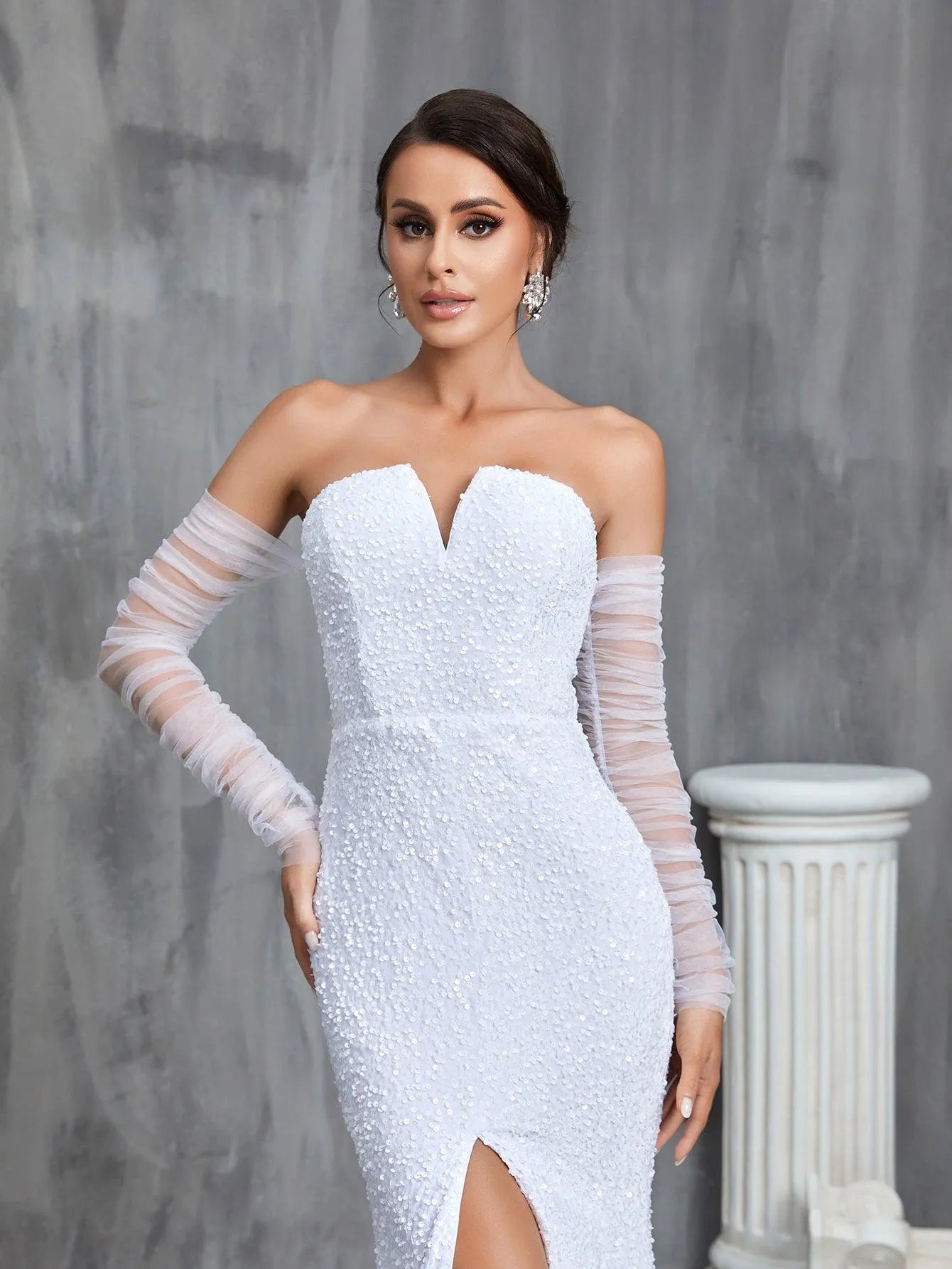 Mermaid Hem Split Sequin Tube Wedding Dress - Elonnashop