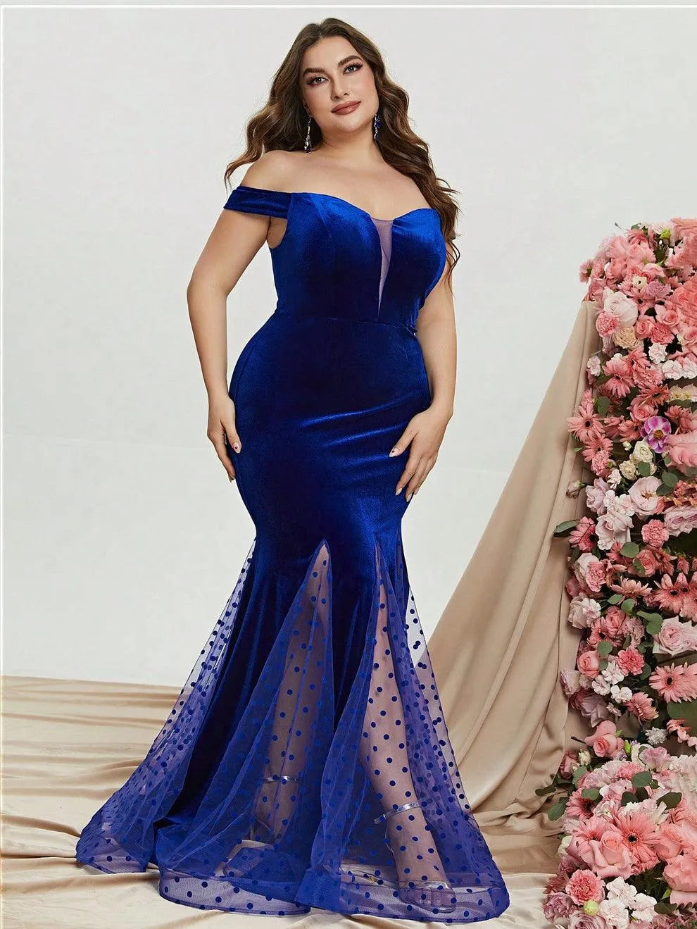 Plus Off Shoulder Mesh Insert Mermaid Dresses - Elonnashop