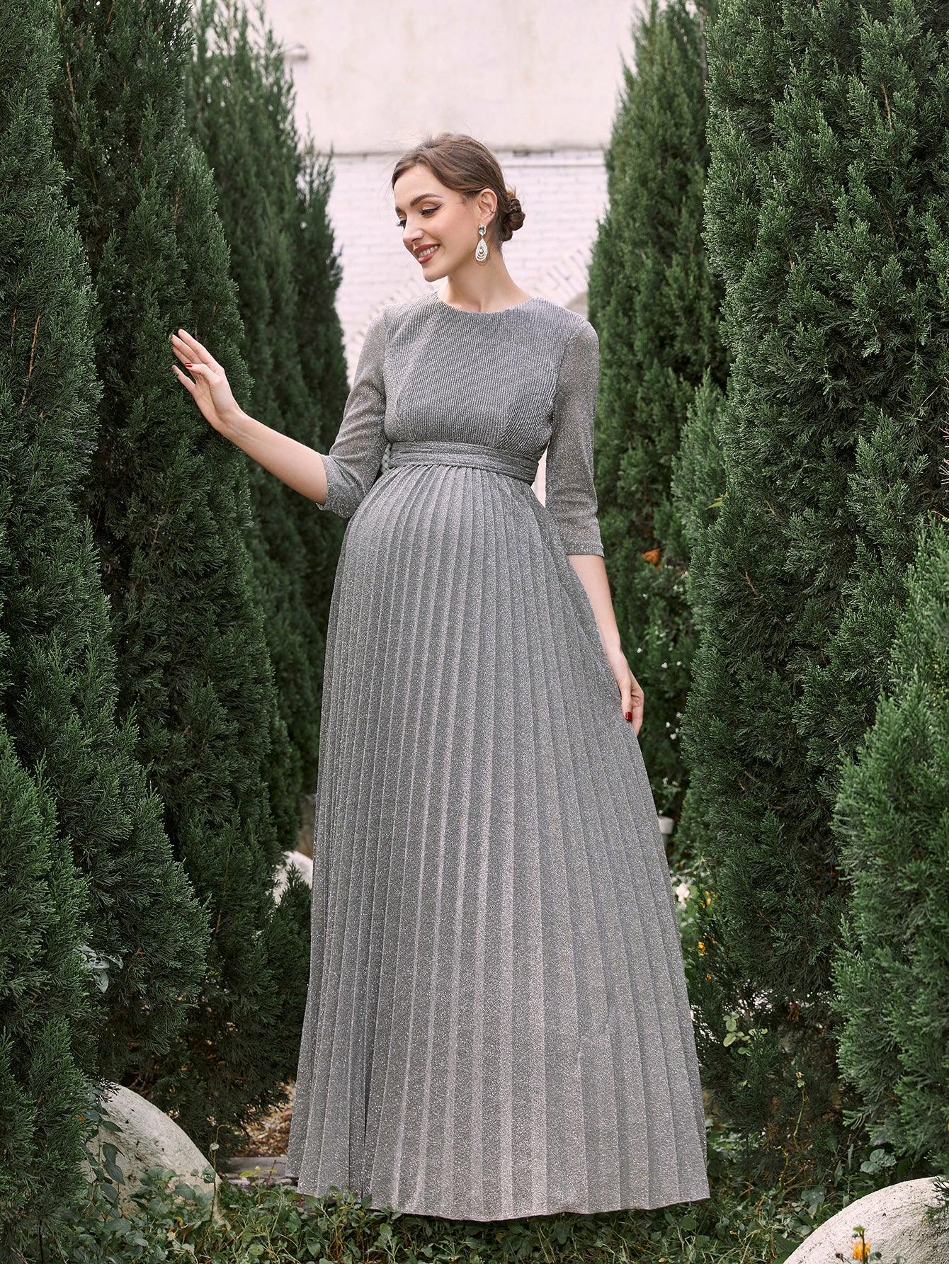 Maternity Glitter 3/4 Sleeves Pleated A Line Dress - Elonnashop