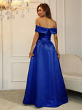 Off Shoulder Buckle Belted Satin Ball Gown - Elonnashop