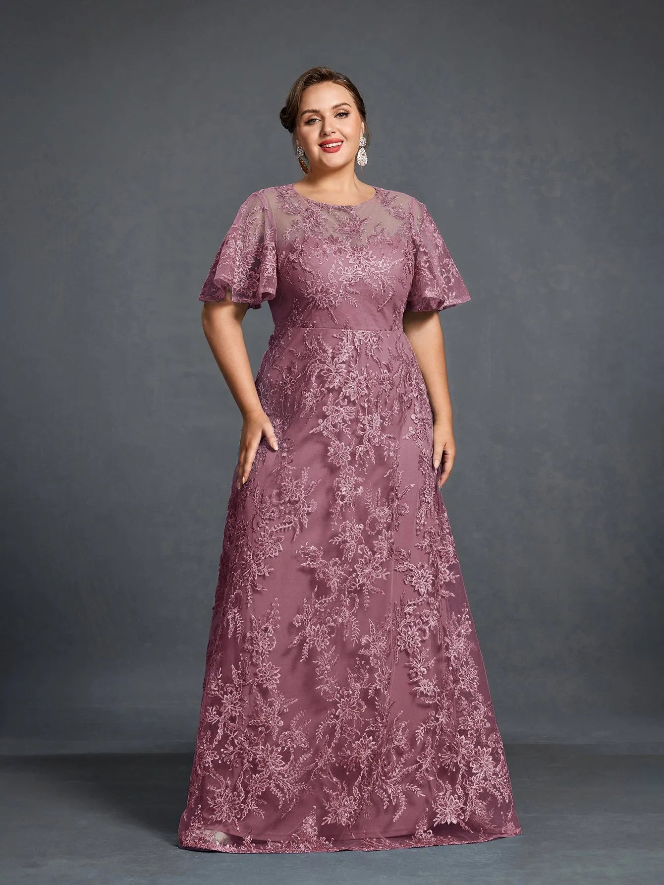 Plus Womens‘ Floral Embroidered Butterfly Sleeves A Line Formal Evening Dress