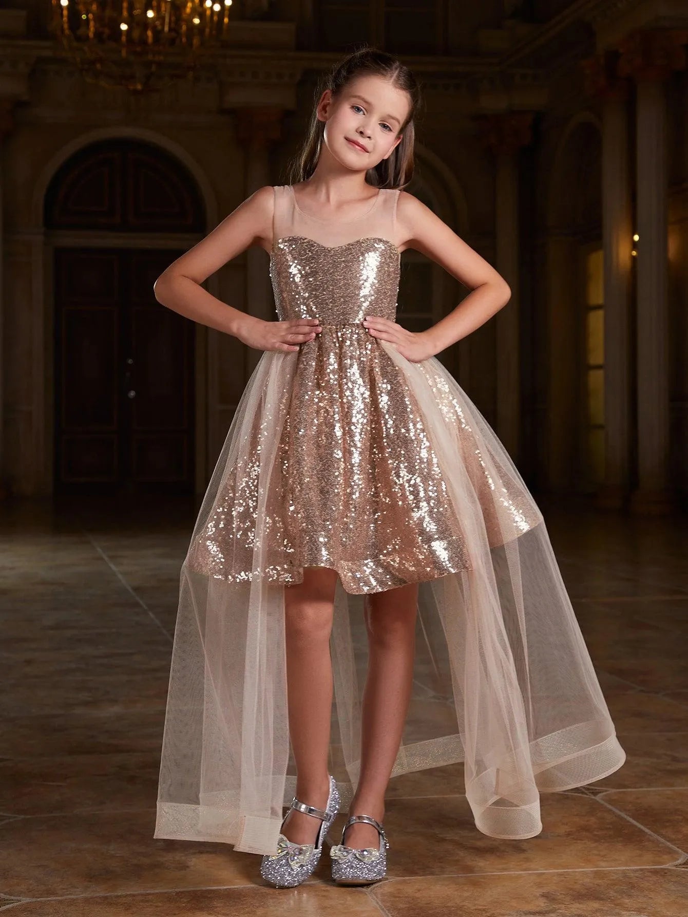 Tween Girls' Sleeveless Contrast Mesh Sequin Party Dress Red / 10Y Tween Girls' Sleeveless Contrast Mesh Sequin Party Dress Red / 10Y