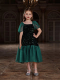 Tween Girls' Puff Sleeves Contrast Mesh Sequin Party Dress - Elonnashop