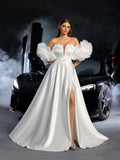 Gorgeous Off Shoulder Puff Sleeves Split Satin A-line Wedding Dress