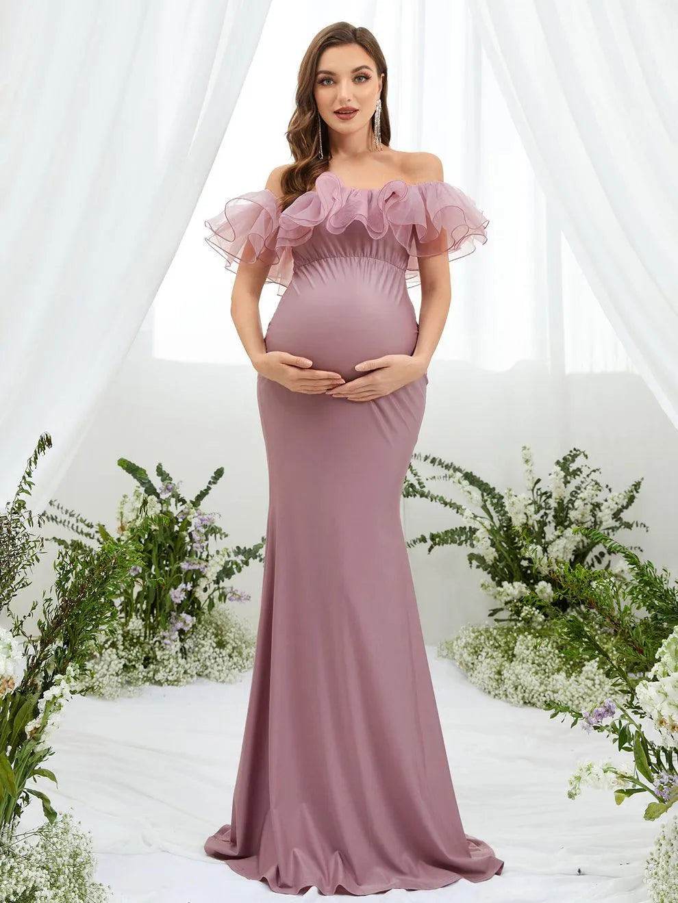 Maternity Ruffle Trim Off Shoulder Mermaid Hem Party Dress - Elonnashop