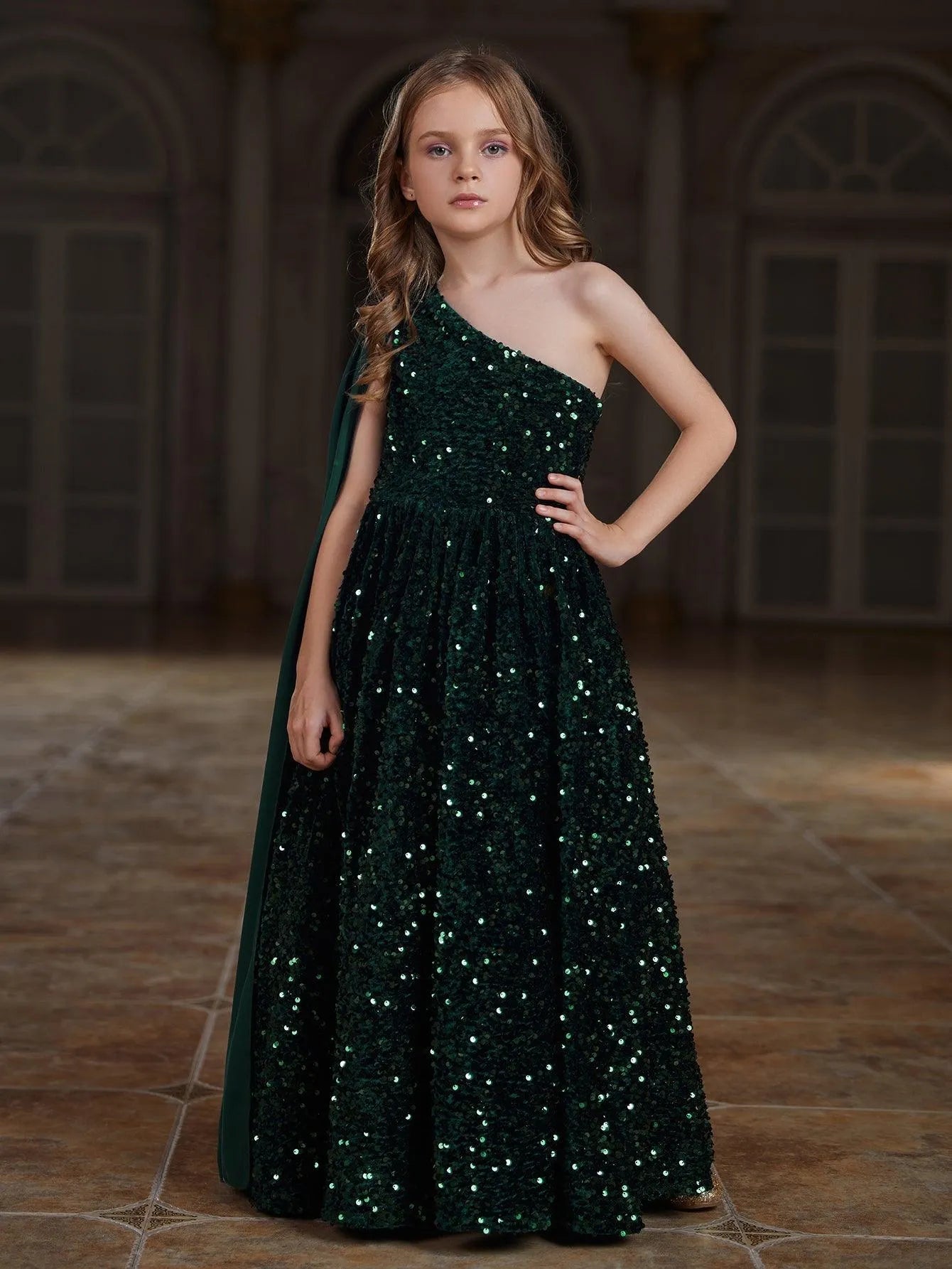 Tween Girls' One Shoulder Draped Side Sequin A Line Dress - Elonnashop