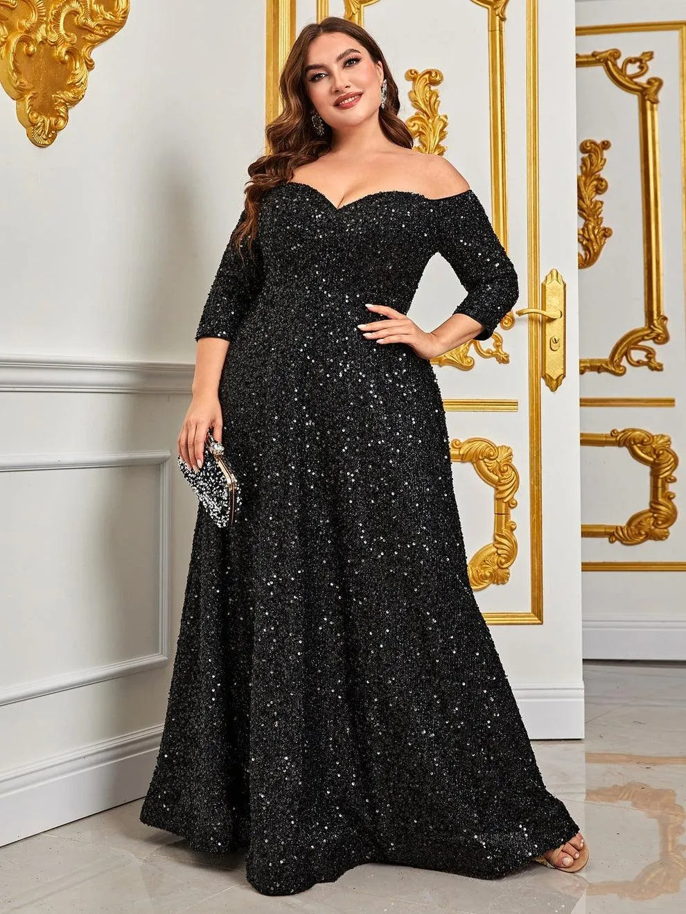 Plus Off Shoulder 3/4 Sleeves Sequin A Line Dress Elonnashop Plus Off Shoulder 3/4 Sleeves Sequin A Line Dress Elonnashop