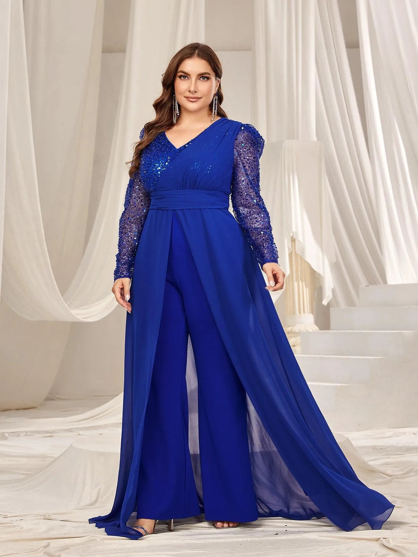 Plus Gigot Sleeves Chiffon Overlay Sequin Prom Jumpsuit - Elonnashop