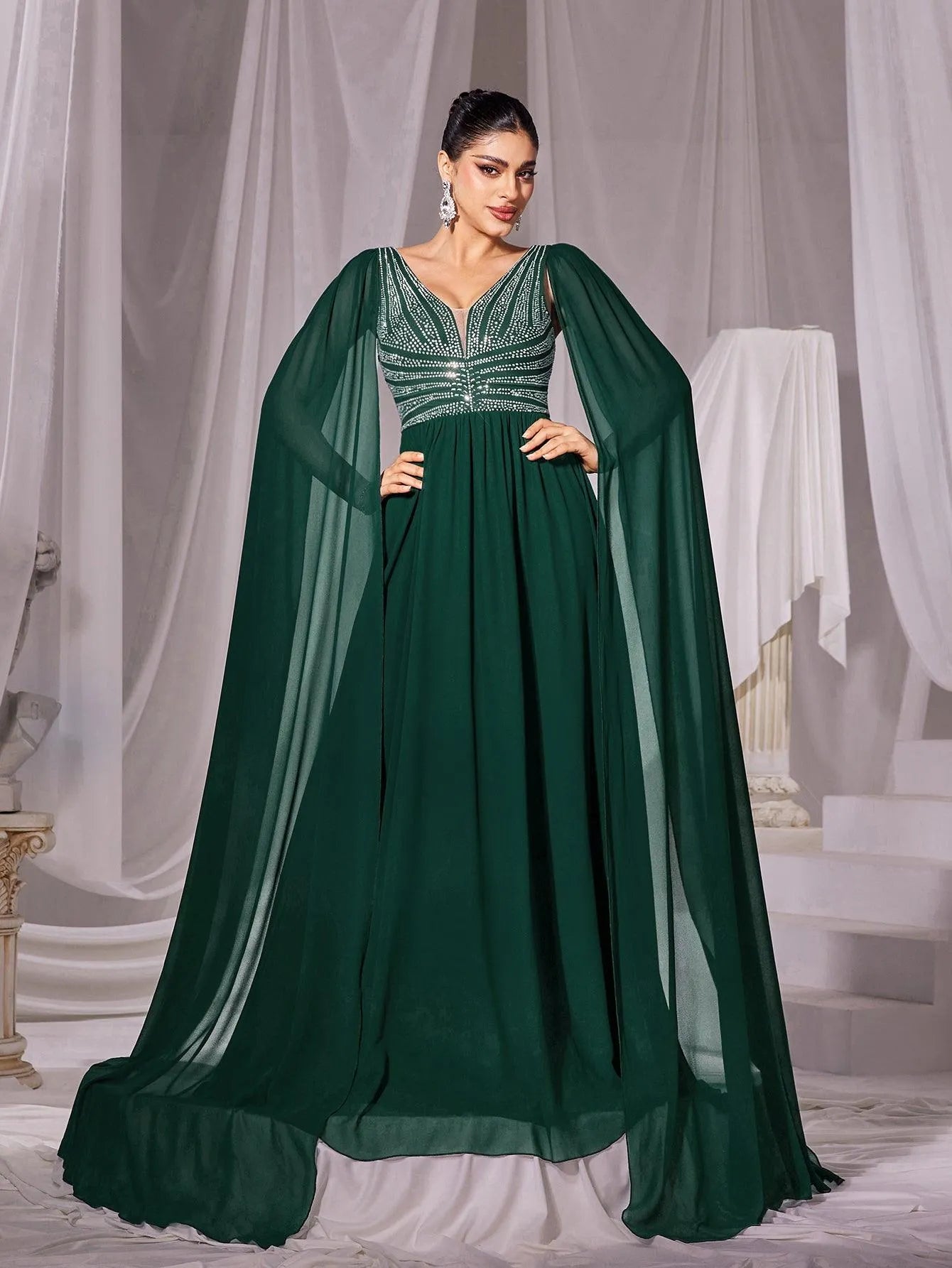 Rhinestone Detail Cape Sleeves Chiffon Evening Dress - Elonnashop