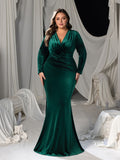 Plus V Neck Long Sleeve Velvet Mermaid Dresses
