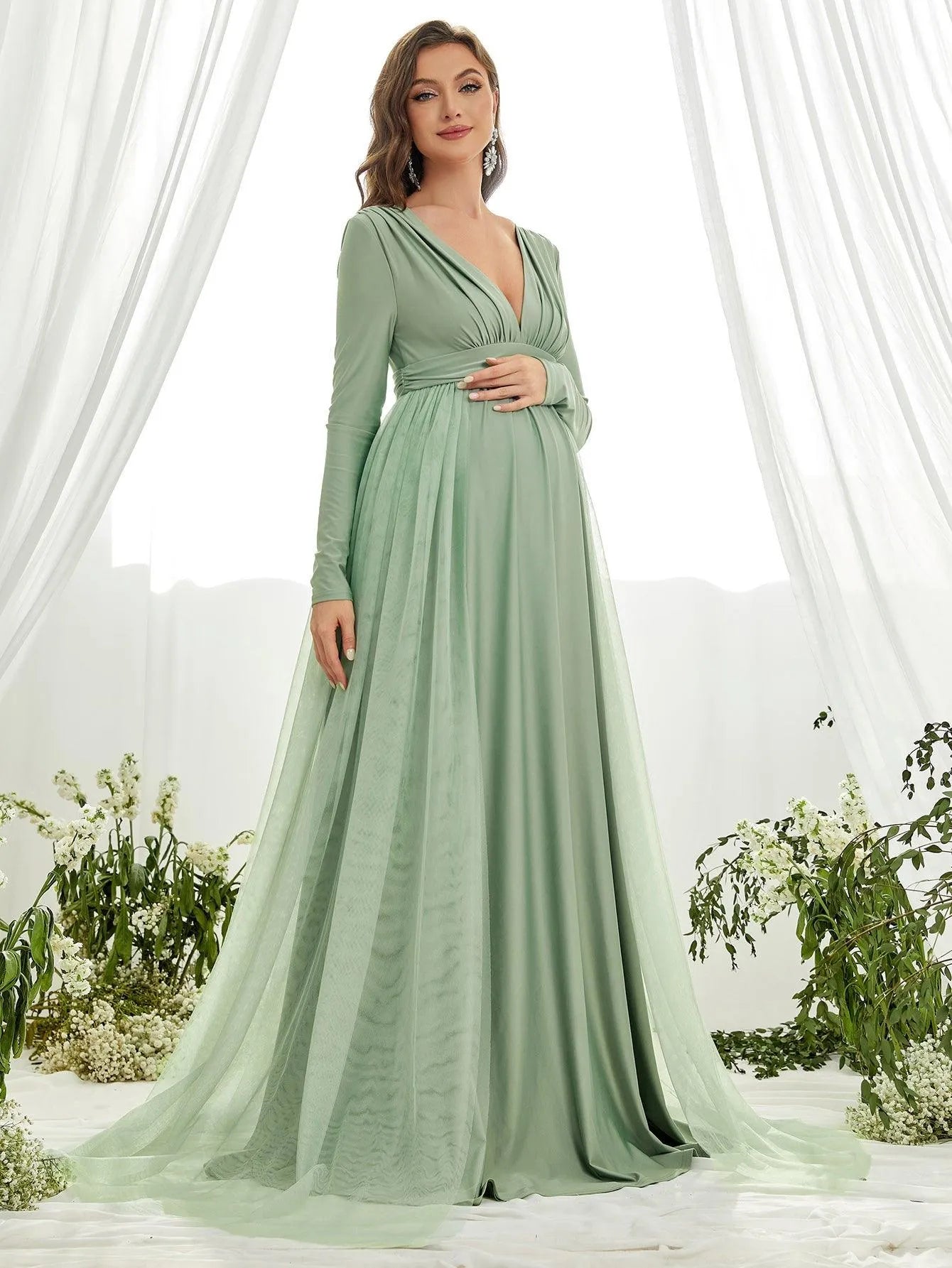 Maternity Plunging Neck Long Sleeve Contrast Mesh Formal Dress - Elonnashop