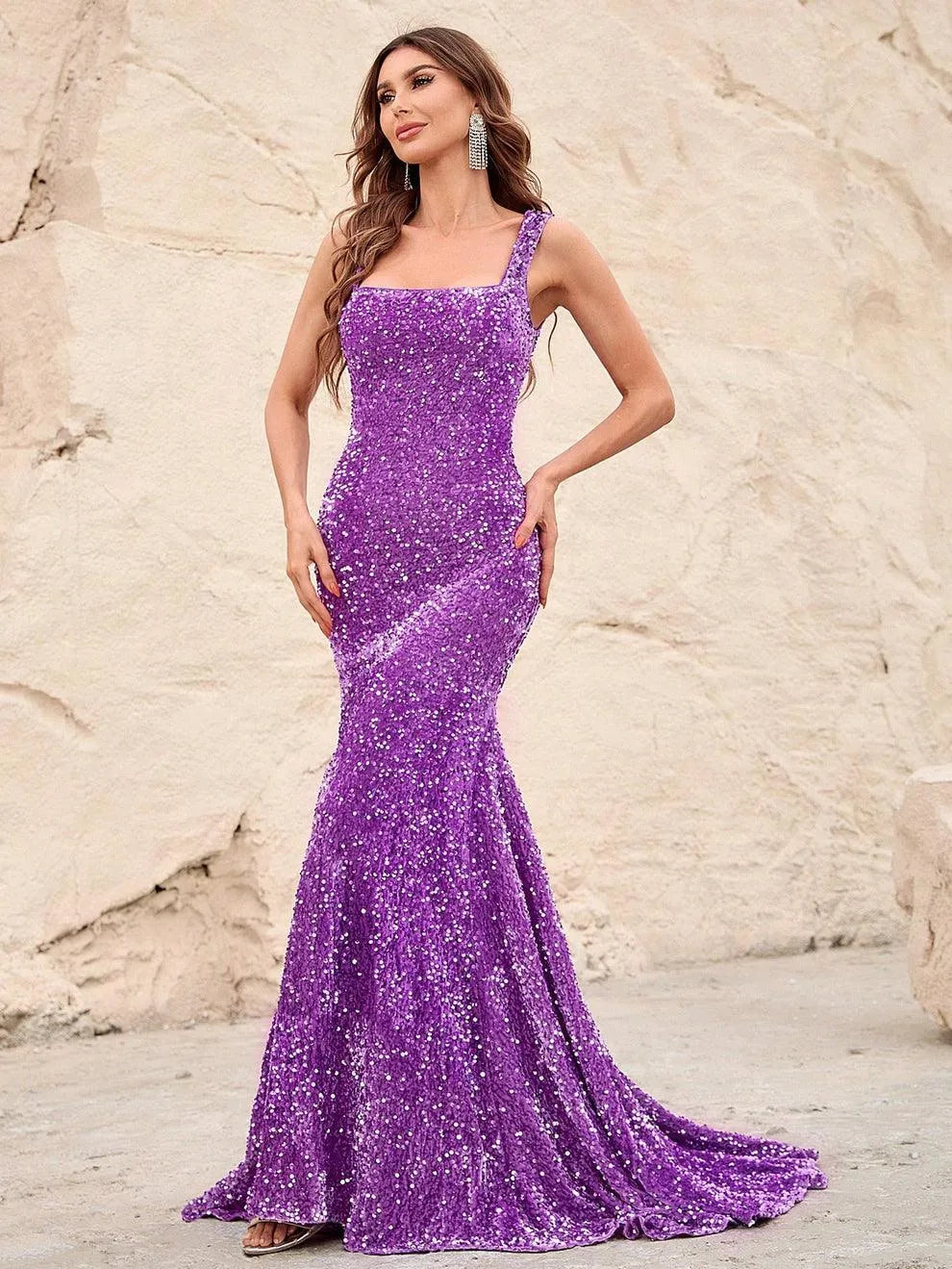 Square Neck Sleeveless Sequin Mermaid Dresses - Elonnashop