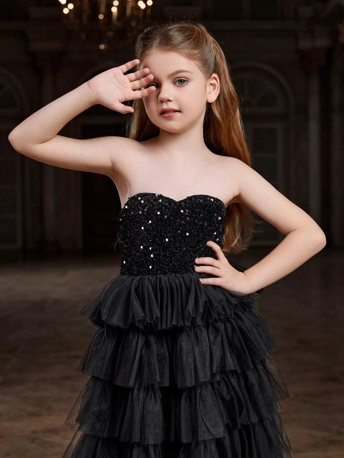 Tween Girls' Mesh Layered Hem Sequin Tube Party Dress - Elonnashop