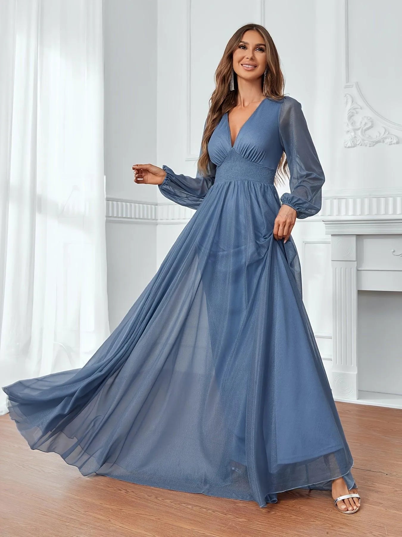 Elegant Shirred Waist Maxi A Line Dress - Elonnashop