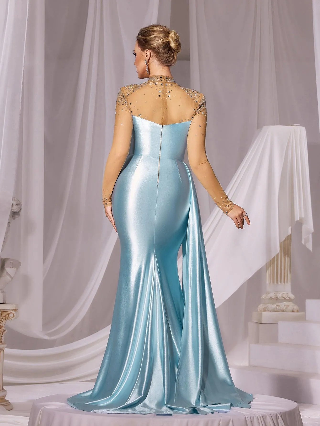 Rhinestone Detail Mock Neck Satin Mermaid Prom Dress - Elonnashop