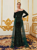 Elegant Off Shoulder Lone Sleeves Mesh Overlay Sequin Evening Dress