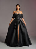 Gorgeous Off Shoulder Rhinestone Embellished Bust Satin Prom Dress Wedding Dress