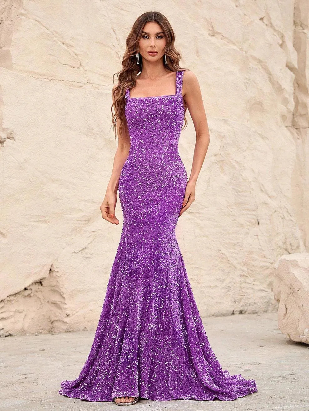 Square Neck Sleeveless Sequin Mermaid Dresses - Elonnashop