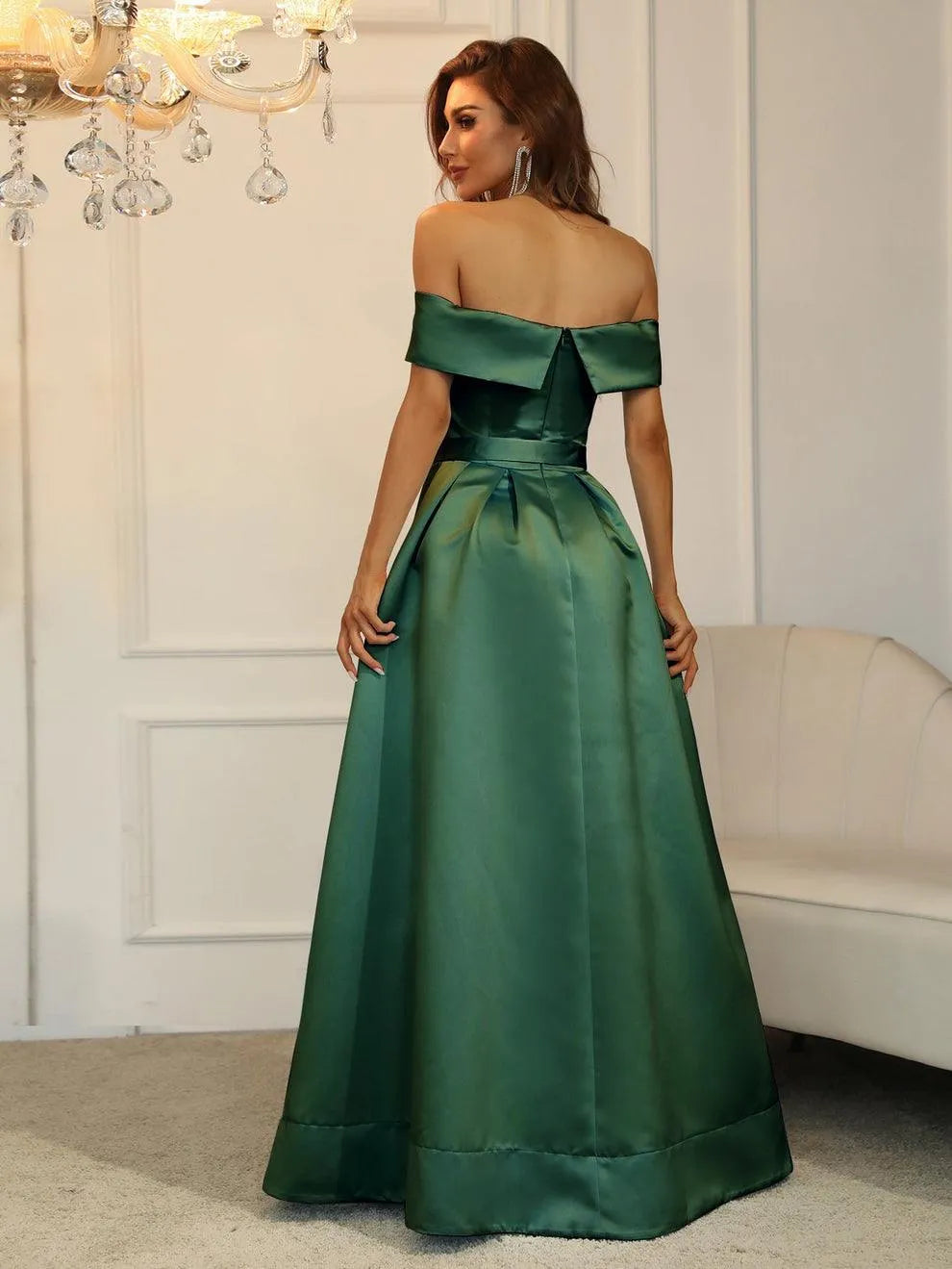 Off Shoulder Buckle Belted Satin Ball Gown - Elonnashop