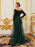 Elegant Off Shoulder Lone Sleeves Mesh Overlay Sequin Evening Dress