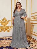 Plus Surplice Neck Half Sleeves A Line Sequin Formal Dress