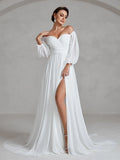 Off Shoulder Lantern Sleeves Chiffon Wedding Dress - Elonnashop