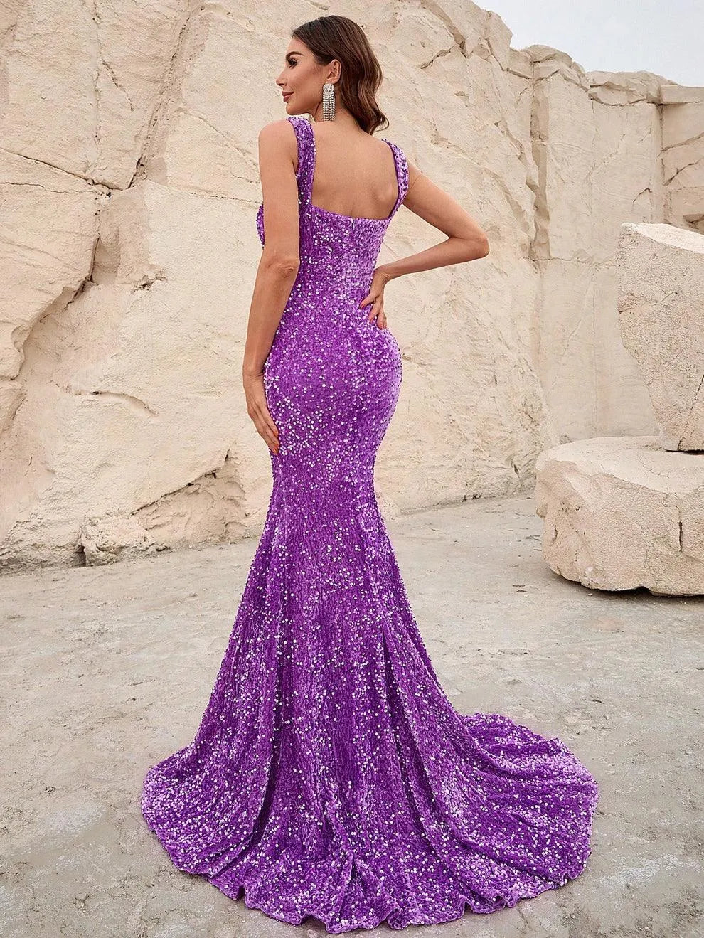 Square Neck Sleeveless Sequin Mermaid Dresses - Elonnashop